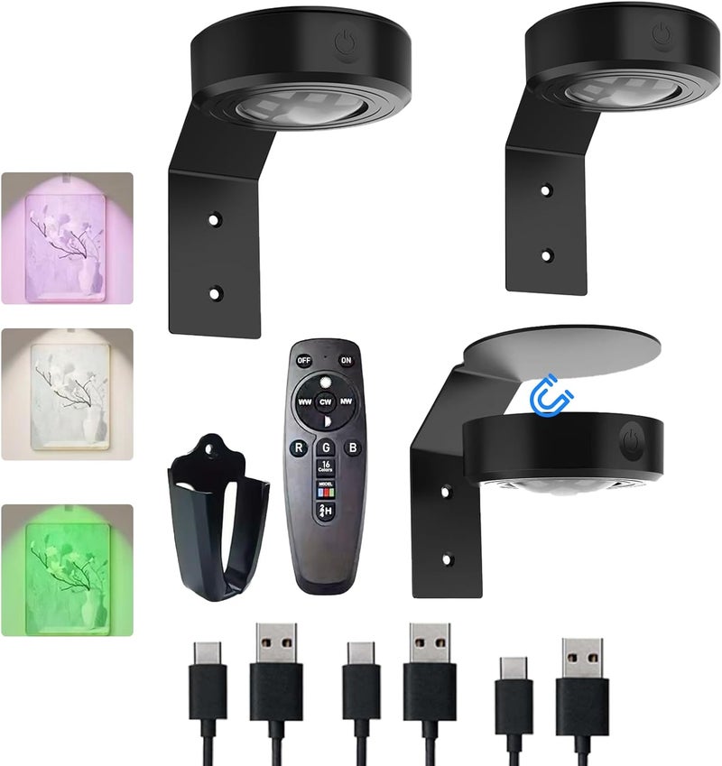 VIGMOJ 3Pcs Picture Lights for Wall, 16 Lighting Modes Magnetic Art Display Light for Paintings with Remote Control Dimmable & Timer, Wireless Wall Decor Puck Light, Black - Image 1